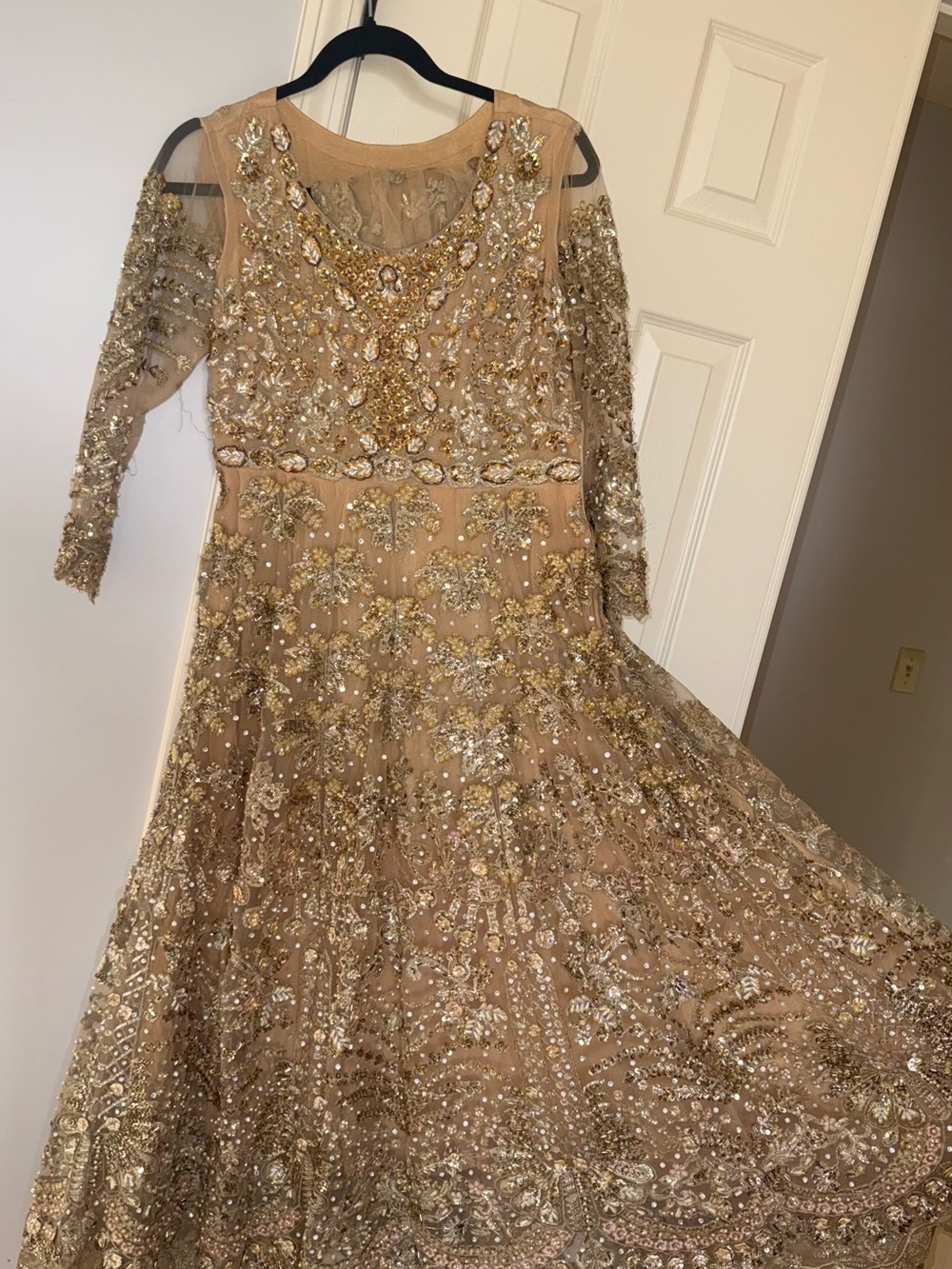 Embellished Gold Evening Dress with Long Sleeves
